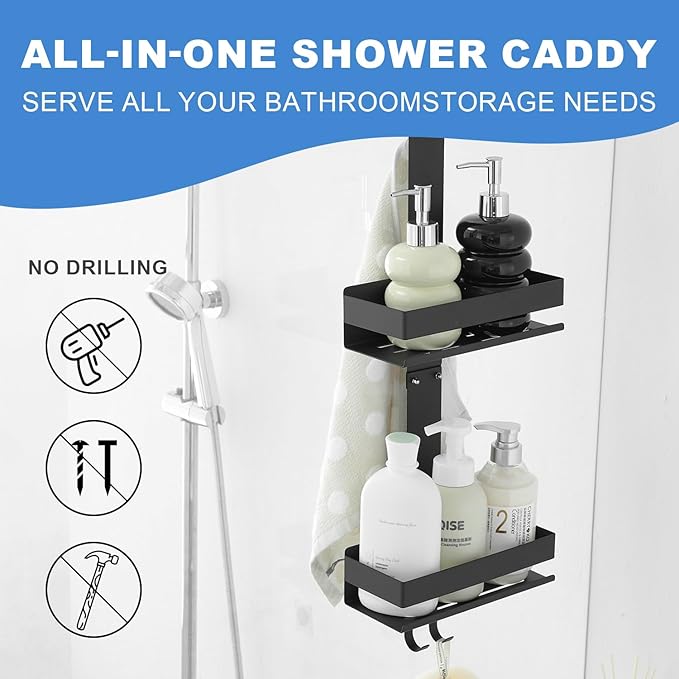 Shower Caddy Over Door Black - 2 Tier Haning Shower Caddy Shelf Rack, Stainless Steel Shower Organizer No Drilling Bath Shower Storage