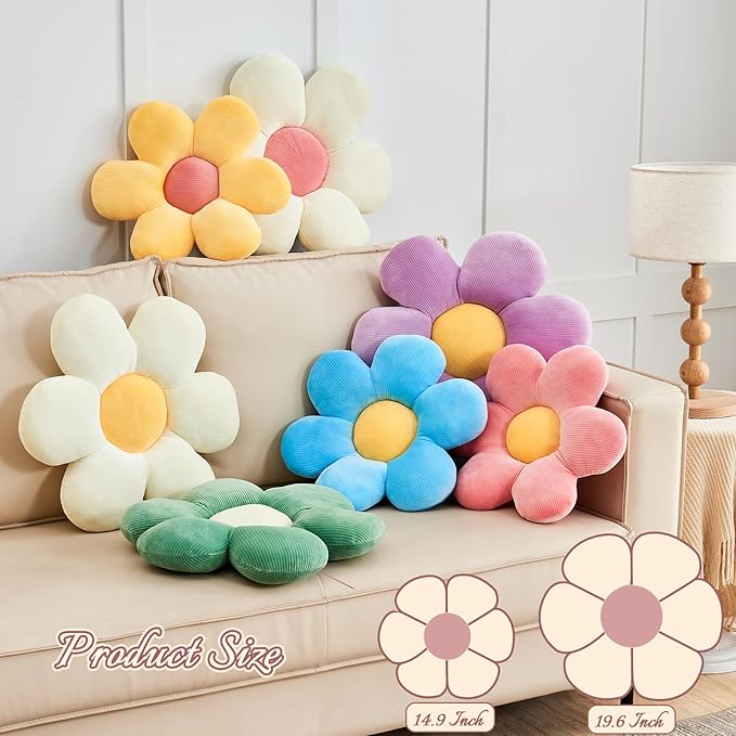 White Yellow Flower Pillow, 14.9" Cute Flower Shaped Floor Pillow, Aesthetic Floral Plush Daisy Decorative Throw Pillows for Bed Sofa Couch