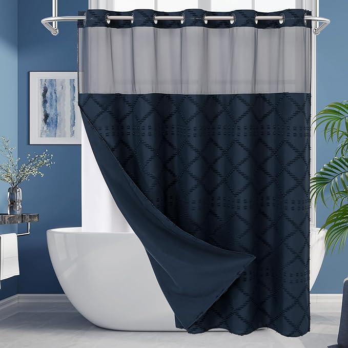 No Hooks Boho Navy Woven Fabric Shower Curtain 72 x 74 Modern Farmhouse, Tufted Chevron Striped Shabby Chic Textured, Minimalist Cloth Hookless Shower Curtains for Bathroom, Hotel Decor