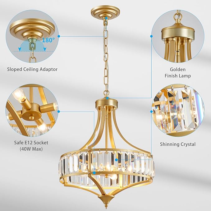 XINGQI Gold Chandeliers Modern Crystal Dining Room Light Fixture Pendant 4-Light, Rustic Chandeliers with Round Metal Lampshade for Living Room Hallway Bedroom Foyer