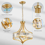 XINGQI Gold Chandeliers Modern Crystal Dining Room Light Fixture Pendant 4-Light, Rustic Chandeliers with Round Metal Lampshade for Living Room Hallway Bedroom Foyer