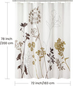Long Floral Fabric Shower Curtain, Beige Brown Grey Plant Shower Curtains for Bathroom, Waterproof Bathroom Curtains, 72" W x 78" H