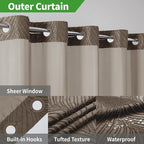 no Hook Shower Curtain and Liner Set，Boho Style with See Through Top Window, Brown Fabric Tufted Striped Textured Outer Curtain & Waterproof Inner Liner, Brown, 71Wx86H
