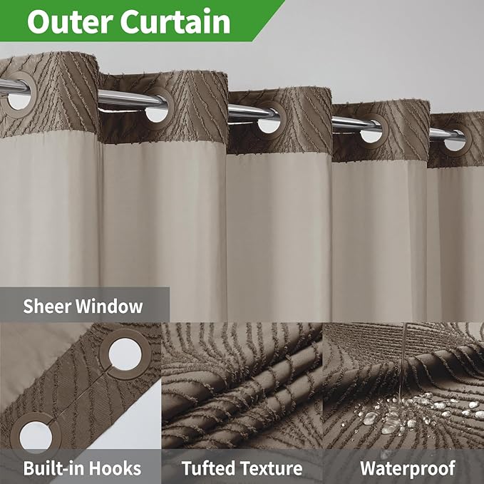 no Hook Shower Curtain and Liner Set，Boho Style with See Through Top Window, Brown Fabric Tufted Striped Textured Outer Curtain & Waterproof Inner Liner, Brown, 71Wx98H