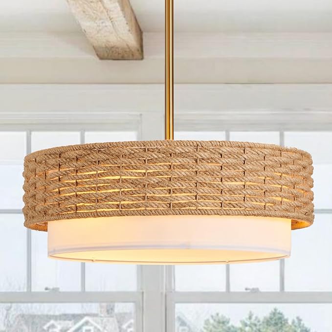 Large Coastal Boho Pendant Lights, 18.9in Woven Rattan Lighting Fixture, 2-Tier Rope Chandelier with Fabric Shade for Kitchen Island, Living Room, Dining Room, Bedroom, Restaurant