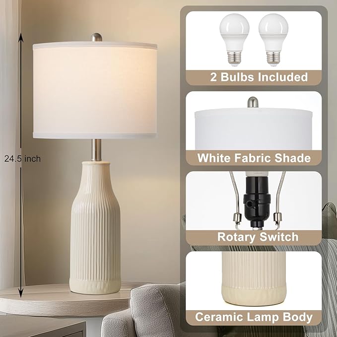 24.5″ Ceramic Table Lamps Set of 2, Modern Farmhouse Bedside Lamps for Bedroom Nightstand, Small Table Lamp for Living Room End Table, Beige (2 LED Bulbs Included)