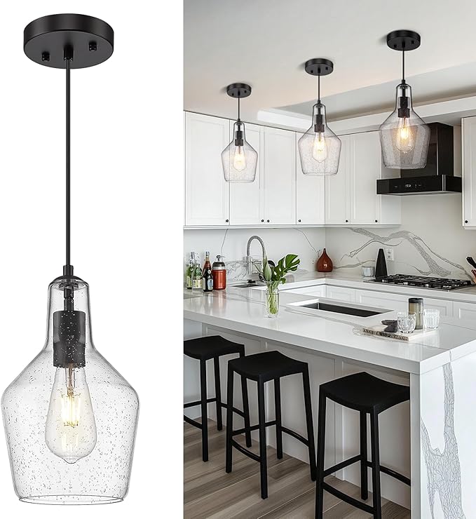 Emliviar 1-Light Hanging Light Fixture, Modern Kitchen Island Pendant Light with Clear Seeded Glass, Black Finish, DYE286G2-MIL BK