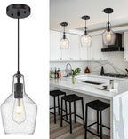 Emliviar 1-Light Hanging Light Fixture, Modern Kitchen Island Pendant Light with Clear Seeded Glass, Black Finish, DYE286G2-MIL BK