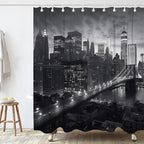 NYC Manhattan Brooklyn Bridge Shower Curtain New York Skyline Building Night View Shower Curtain Set with 12 Hooks 60x72 inch Polyester Machine Washable, Grey and White