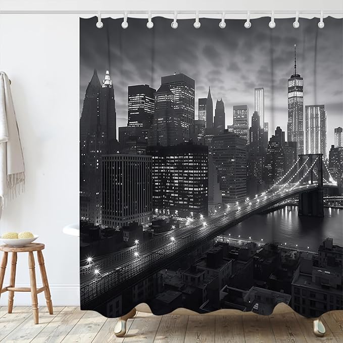 NYC Manhattan Brooklyn Bridge Shower Curtain New York Skyline Building Night View Shower Curtain Set with 12 Hooks 60x72 inch Polyester Machine Washable, Grey and White