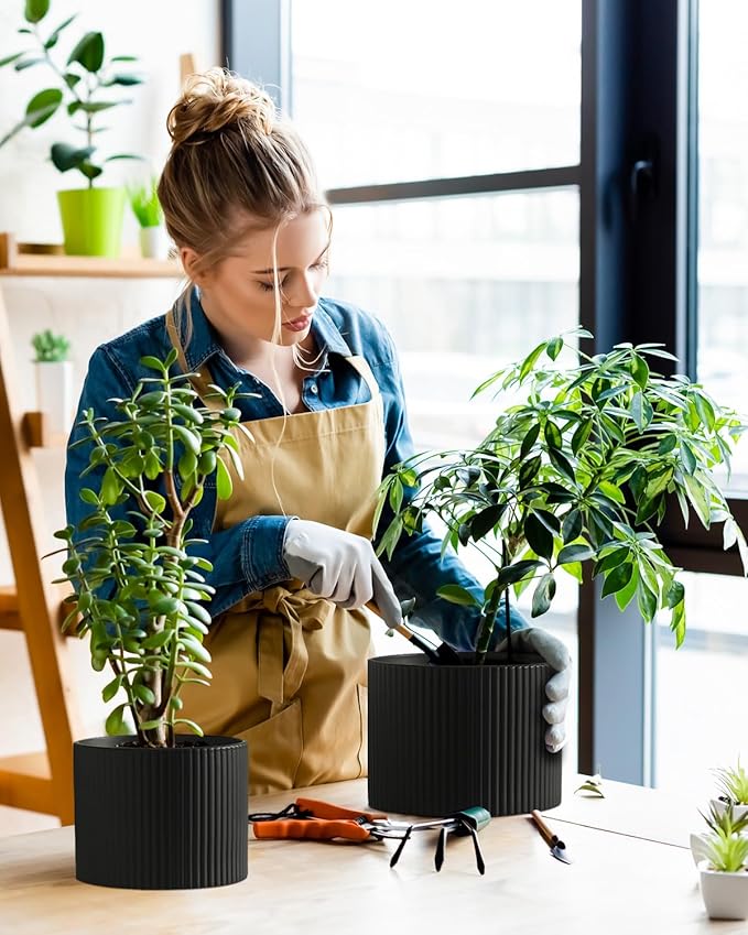 Ceramic Plant Pots, 8.1 + 6 Inch Planters for Indoor Plants, Modern Flower Pots for Plants with Drainage, Medium Cylinder Flower Pots for Indoor Plants, House Plants, Matte Black