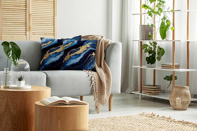 CAPSCEOLL Blue Gold Throw Pillow Covers,Modern Abstract Art Painting Throw Pillows for Couch,Blue Pillow Covers 18X18 Inch 2 Pcs Square Cushion Cover Gift for Couch Sofa
