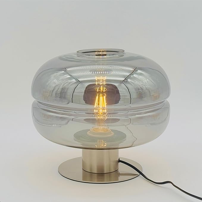 Lotus Atelier Modern Table Lamp, Smoked Glass Shade, Brushed Metal Base Aesthetic Home Decor