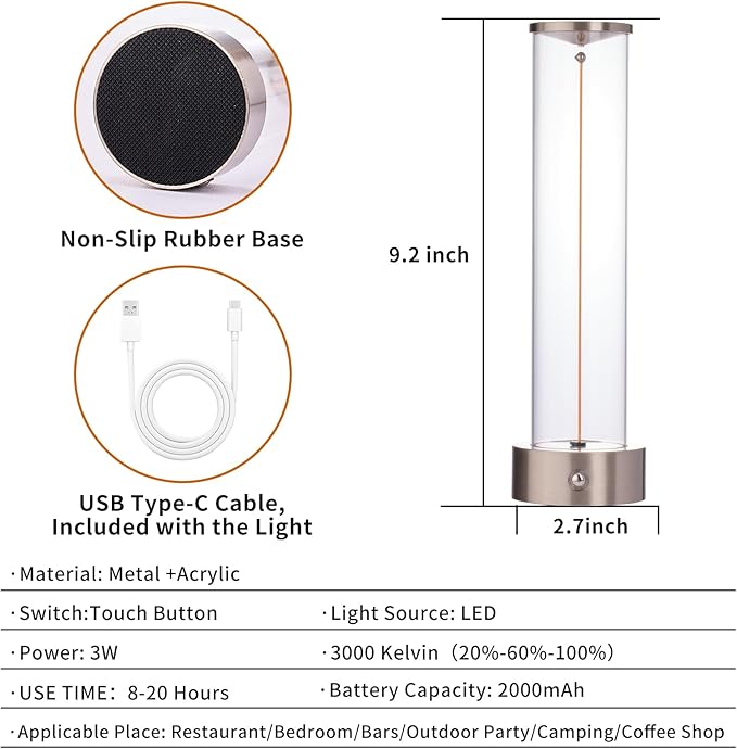 Cordless Portable LED Table Lamp， Rechargeable Battery Operated Desk Lamp with Touch Sensor, Three-Level Dimmable Suitable for Bars/Cafes/Restaurants/Bedrooms/Camping Sites. (Silver)