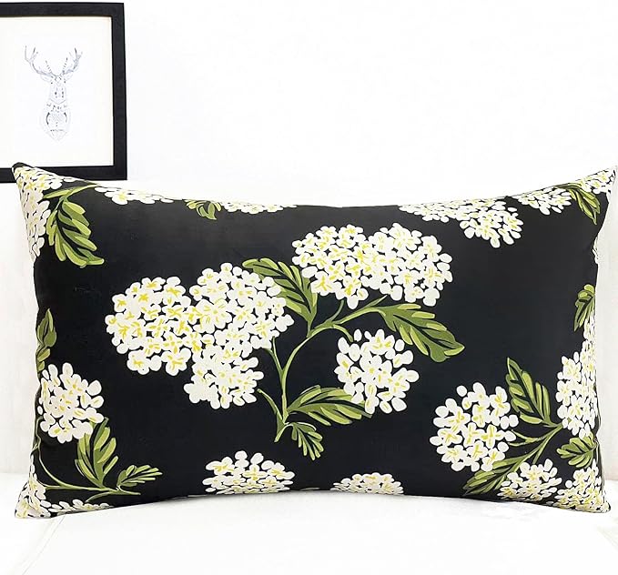 Decorative Throw Pillow Covers Set of 2 Black Hydrangea Pillow Covers 12x20 inch Super Soft Short Plush Square Floral Throw Pillows,Farmhouse Outdoor Pillow Covers for Couch Living Room