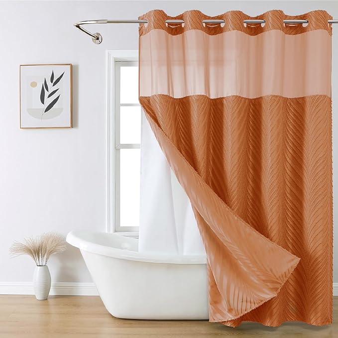 no Hook Shower Curtain and Liner Set，Boho Style with See Through Top Window, BurntOrange Fabric Tufted Striped Textured Outer Curtain & Waterproof Inner Liner, Orange, 71Wx86H