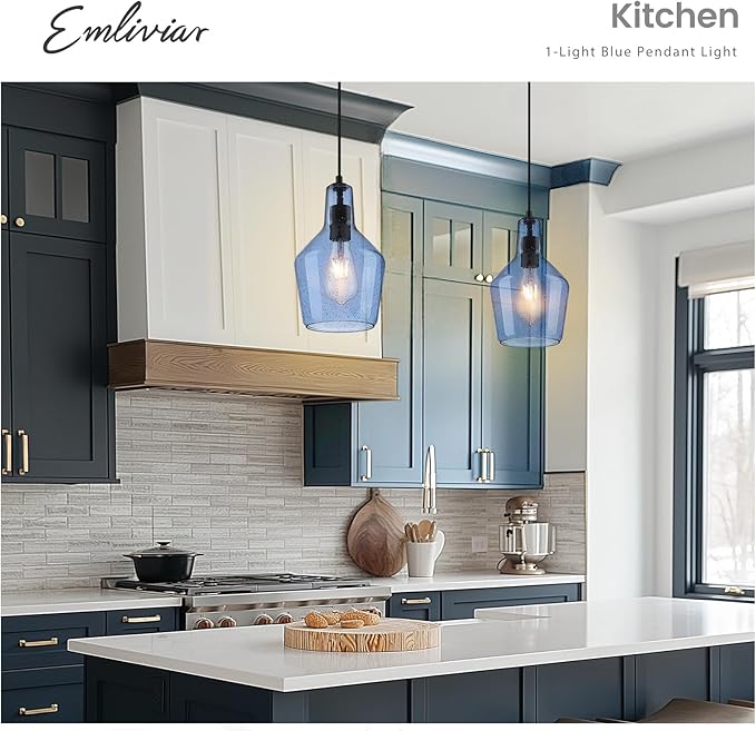 Emliviar 1-Light Kitchen Pendant Lighting, Industrial Adjustable Hanging Pendant Light with Seeded Glass, Blue Finish, DYE286G1-MIL BK