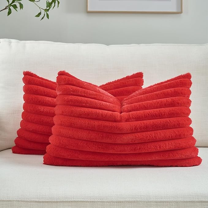 FUTEI Red Striped Decorative Throw Pillow Covers 12x20 Inch Set of 2,Rectangle Winter Decorations Couch Lumbar Pillowcase,Soft Cozy Faux Rabbit Fur & Velvet Back,Modern Home Decor for Bed
