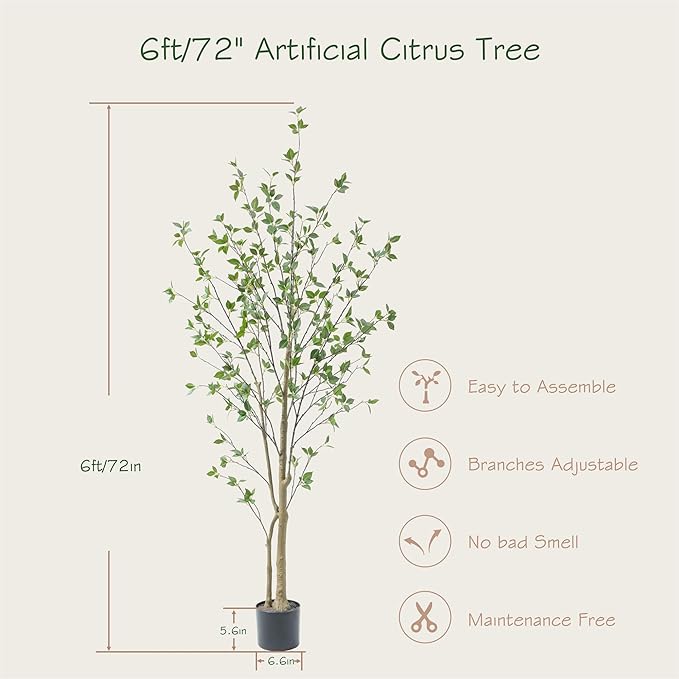Bellacat 6ft Artificial Minimalist Citrus Tree with Lifelike Leaves, 72in Faux Citrus Tree with Realistic Trunks, Faux Tree Indoor Outdoor for Home Office Living Room Bedroom Porch Decor.