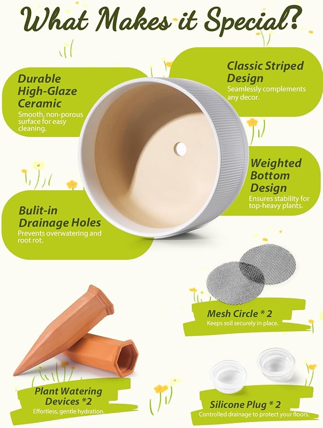 Ceramic Planters - 10+12 Inch Large Pots for Indoor & Outdoor Plants, Modern Flower Pots with Drainage Holes and Self Watering Devices, House White Big Plant Pot, Set of 2