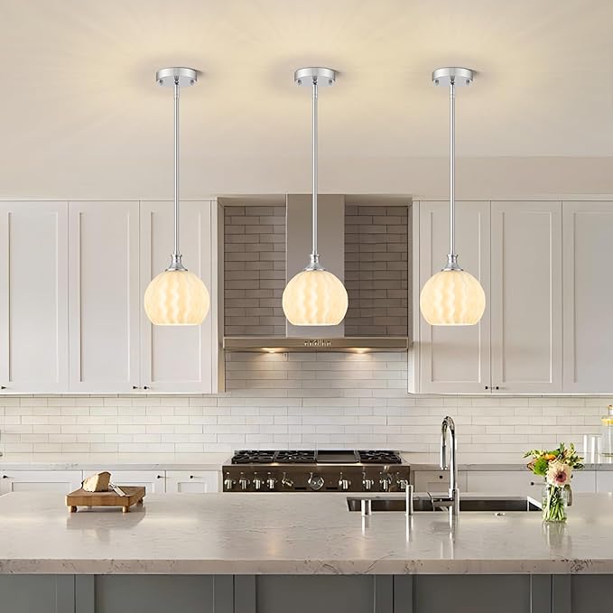 Milk Glass Pendant Lights Kitchen Island 2 Pack, 7.3" Brushed Nickel Modern Pendant Light Fixtures with Rods, Globe Hanging Lighting for Kitchen Sink Bathroom Dining Room, E26 Base