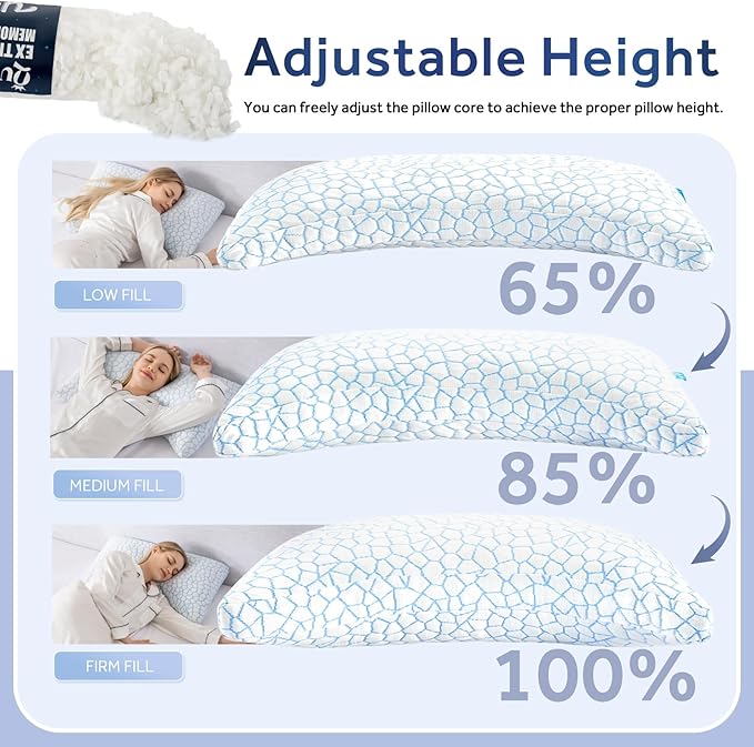 King Cooling Side sleeper pillow for adults,cervical neck support pillow for neck and shoulder pain Relief,Adjustable Shredded Memory Foam Bed Pillow 1 Pack with Additional Foam Fill Included (White)