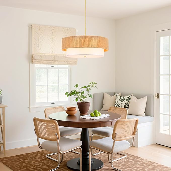 24'' Farmhouse Rattan Chandeliers for Dining Room,3-Light Boho Light Fixtures Rattan Pendant Light Fixture with Fabric Shade Drum Chandeliers for Bedroom Dining Room Foyer Kitchen Hallway