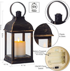 Vintage Lantern Decorative LED Flickering Flameless Candle with Timer, Battery Powered LED Decorative Hanging Golden Brushed Black Lanterns for Indoor Outdoor Garden Yard Home Decor(1 Pack)