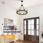 Farmhouse Wagon Wheel Chandelier 23.6" Black Rustic Light Fixtures 8-Light Wood Round Chandelier for Dining Room Kitchen Entryway Foyer