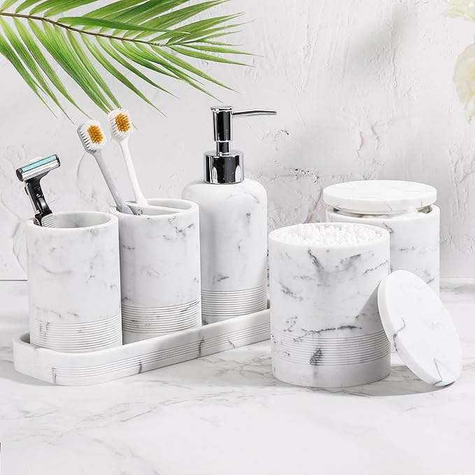 Bathroom Accessories Set, 6-Piece Bathroom Accessory Set, Toothbrush Holders Set, Soap Dispenser, Vanity Tray, Tumbler, Cotton Swab Jars, Bathroom Organizer for Modern Bathrooms (Marble White)