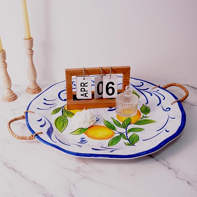 TP 19" Large Serving Tray with Rattan Handle, Melamine Round Serving Platters, Decorative Trays for Kitchen, Parties, Entertaining, Set of 2
