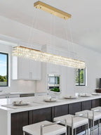 W48 Rectangular Gold Crystal Chandelier Modern Rectangle Pendant Ceiling Light Fixture for Living Room Dining Room Kitchen Island Bar