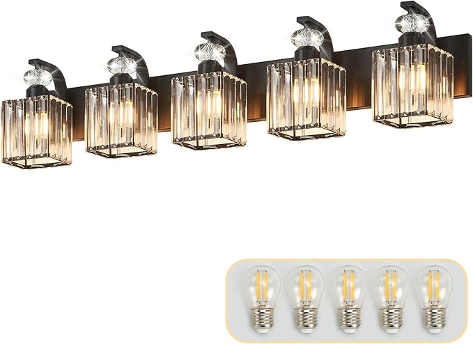 Modern Bathroom Vanity Light, 5-Light Black Bathroom Lighting Fixtures Over Mirror, 36.3" Crystal Wall Light Sconce for Bathroom/Bedroom/Vanity, Includes LED Bulbs, Easy Installation