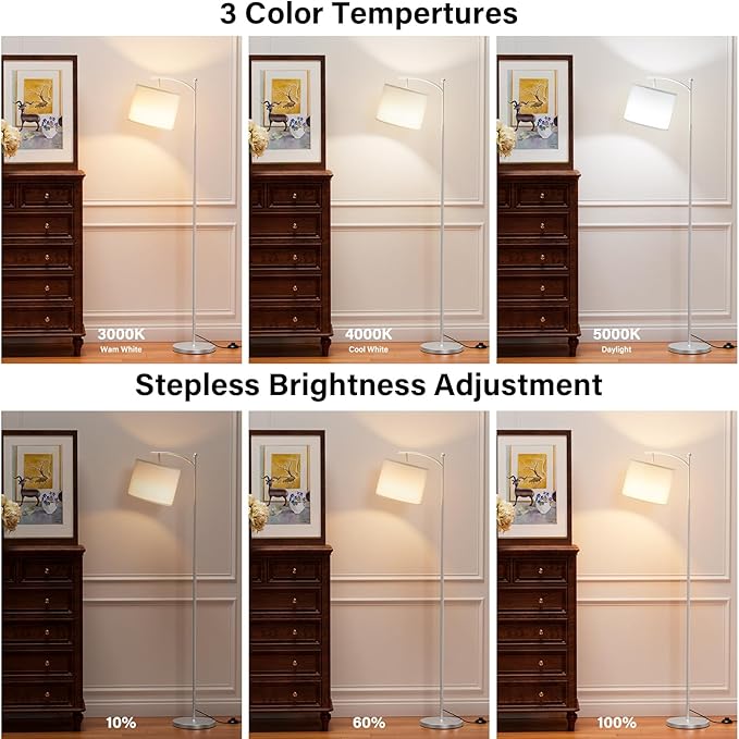 60" Floor Lamps with Remote Control & Bulb, Colors Temperature & Brightness Adjustable, White Shade & Silver Pole