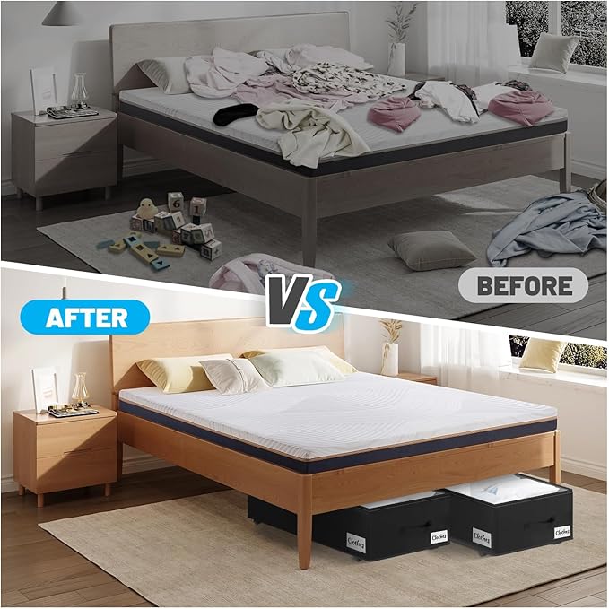 2 Pack Under Bed Storage with Wheels 10" Height, Rolling Storage Bins XXL 60L, Underbed Shoe Storage Containers with Label & Clear Lid, Dorm Under bed Drawers for Clothes, Shoes, Quick Assembly, Black