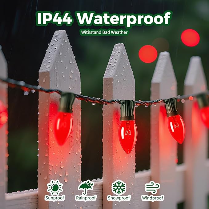 C9 Christmas String Light Red, 50ft Vintage Christmas Tree Lights, Outdoor Roofline String Lights with 50+2 Red Bulbs for Patio Garden Holiday Indoor Home Xmas Decoration, Green Wire
