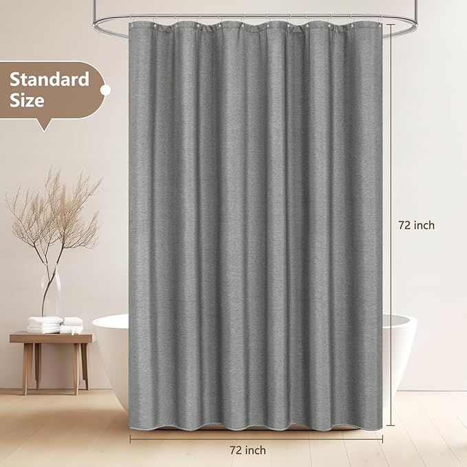 Grey Faux Linen Textured Fabric Shower Curtain, Heavy Duty Linen Look Hotel Shower Curtain Water-Resistant, 72 x 72 Inch Natural Gray Bathroom Shower Curtains Wrinkle-Free, Machine Washable
