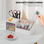 Subsky Makeup Organizer with Drawers, Easy Storage for Beauty Products Brushes, Multifunction Plastic Desk Organizer, Cosmetics Organizer for Countertop Dresser Vanity and Bathroom (White)