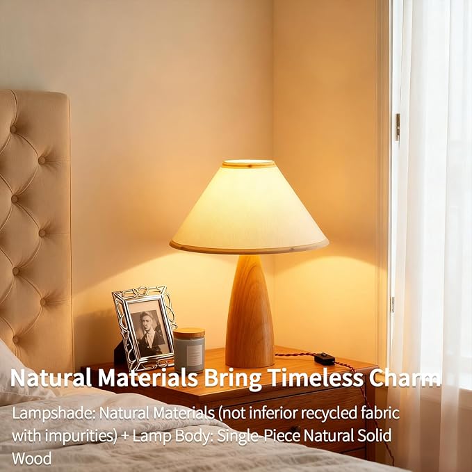 Bedside Table Lamp for Bedroom, Mid-Century Modern Plug in Fabric Shade & Solid Wood Base Desk Lamp, Plug & Play Natural Wood Nightstand Lamp for Living Room, Office, Switch Power Cord 【Bulb Included】