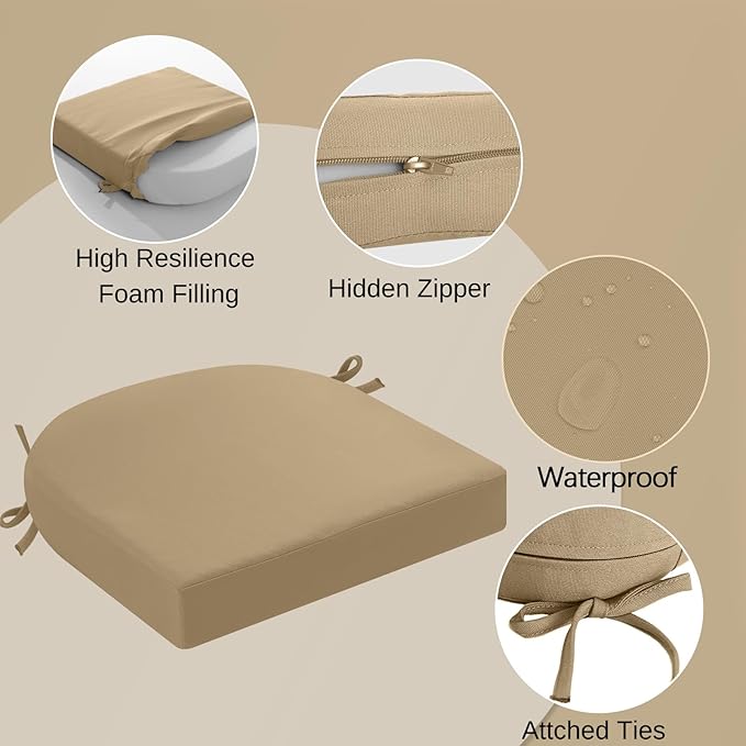 idee-home Outdoor Chair Cushions Set of 4, Thick 17" x 17" x 3" Patio Chair Cushions for Outdoor Furniture, Waterproof with Ties, Seat Cushion, Dining Chair Pads, Antique Beige