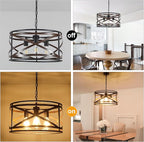 Black Farmhouse Chandeliers for Dining Room, 3-Light 18.5" Drum Chandelier Rustic Wood and Black Metal Hanging Light Fixture for Entryway Kitchen Foyer Bedroom
