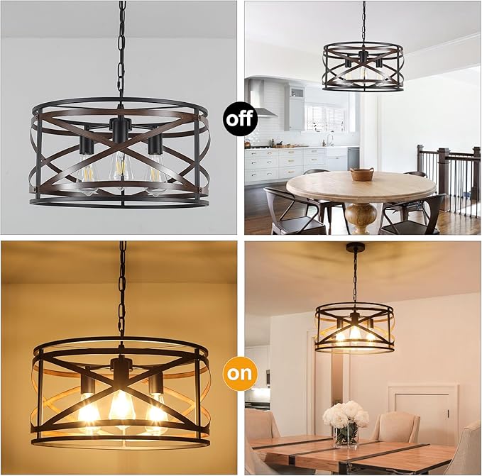 Black Farmhouse Chandeliers for Dining Room, 3-Light 18.5" Drum Chandelier Rustic Wood and Black Metal Hanging Light Fixture for Entryway Kitchen Foyer Bedroom