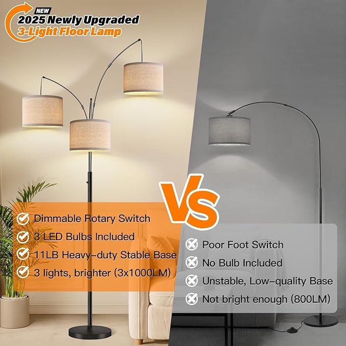 Dimmable Floor Lamp - 3 Lights Arc Floor Lamps for Living Room, 1000LM Modern Tall Standing Lamp With Beige Shades & Heavy Base, Mid Century Tree Floor Lamp for Bedroom Office, 3 LED Bulbs Included