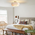 Modern Semi Flush Mount Ceiling Light 15.7" Boho Light Fixture with Linen Shade, Double Drum 3-Light Entryway Pendant Light, Close to Ceiling Light Fixtures for Living Room Bedroom Nursery