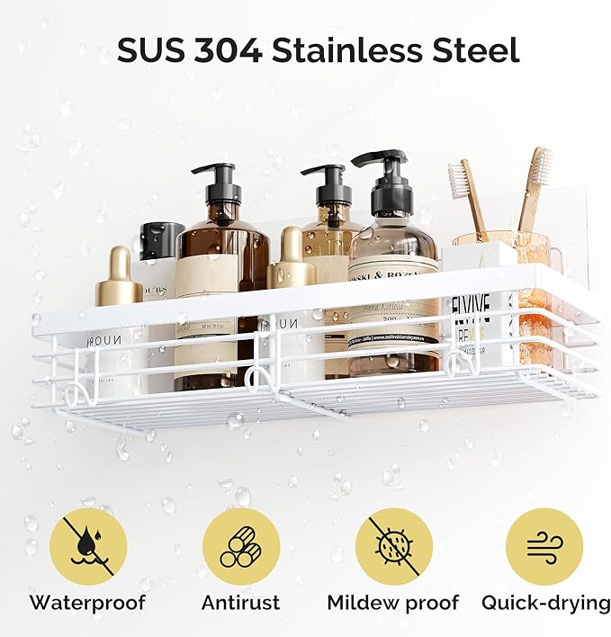 Orimade Adhesive Shower Caddy Soap Dish Holder Shelf with 5 Hooks Bathroom Organizer Basket Kitchen Storage Rack Wall Mounted No Drilling Stainless Steel - 3 Pack, White
