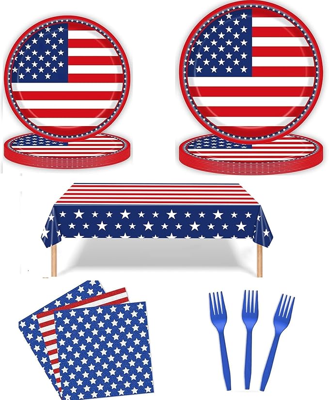Disposable cutlery set for 16 guests -69 pieces, including 7-inch/9-inch plates, napkins, tablecloths, and forks, suitable for birthdays, weddings, picnics, baby showers, and events (Blue and white)