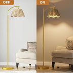 Oneach Gold Floor Lamps for Living Room, Arc Floor Lamp with Hand-Woven Wicker Shade, Foot Switch,Metal Base & Pole,Boho Rattan Standing Lamp for Bedroom Living Room,Office,Reading