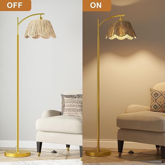 Oneach Gold Floor Lamps for Living Room, Arc Floor Lamp with Hand-Woven Wicker Shade, Foot Switch,Metal Base & Pole,Boho Rattan Standing Lamp for Bedroom Living Room,Office,Reading