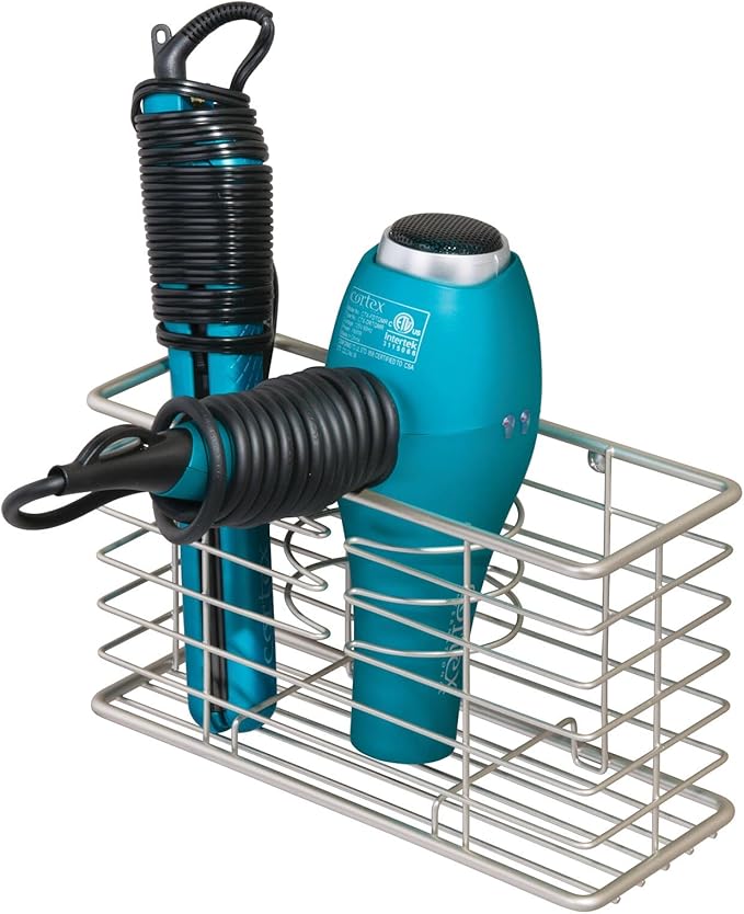 mDesign Steel Wall Mount Hair Dryer Storage Organizer - Tool Basket for Bathroom and Bedroom - Holds Dryer, Flat Iron, Curling Wand, Straightener - Linelle Collection - Satin