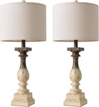 BOBOMOMO 27" Farmhouse Table Lamps with USB-A +C Ports, Vintage Rustic Side Table Lamps Set of 2, Linen Shade, Retro Bedside Night Stand Lamps for Living Room, Bedroom, Office, Home Decor